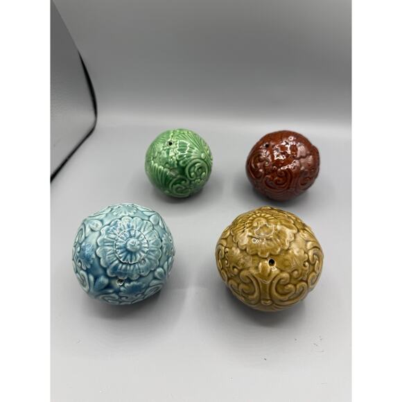 Set of 4 Embossed Ceramic Decorative Balls – Floral & Scroll Design, 3” - Picture 2 of 4